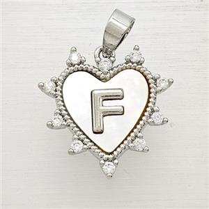 Copper Letter-F Heart Pendant Pave Zirconia Shell Platinum Plated, approx 21mm [FD25991]