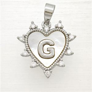 Copper Letter-G Heart Pendant Pave Zirconia Shell Platinum Plated, approx 21mm [FD25992]