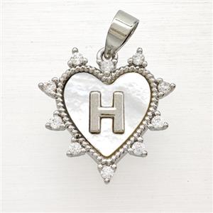 Copper Letter-H Heart Pendant Pave Zirconia Shell Platinum Plated, approx 21mm [FD25993]