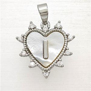 Copper Letter-I Heart Pendant Pave Zirconia Shell Platinum Plated, approx 21mm [FD25994]