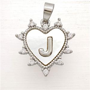 Copper Letter-J Heart Pendant Pave Zirconia Shell Platinum Plated, approx 21mm [FD25995]