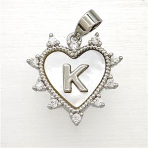 Copper Letter-K Heart Pendant Pave Zirconia Shell Platinum Plated, approx 21mm [FD25996]