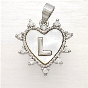 Copper Letter-L Heart Pendant Pave Zirconia Shell Platinum Plated, approx 21mm [FD25997]