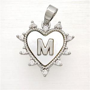 Copper Letter-M Heart Pendant Pave Zirconia Shell Platinum Plated, approx 21mm [FD25998]