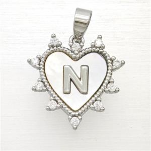 Copper Letter-N Heart Pendant Pave Zirconia Shell Platinum Plated, approx 21mm [FD25999]