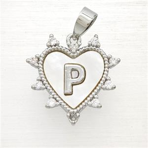 Copper Letter-P Heart Pendant Pave Zirconia Shell Platinum Plated, approx 21mm [FD26001]