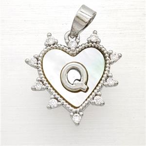 Copper Letter-Q Heart Pendant Pave Zirconia Shell Platinum Plated, approx 21mm [FD26002]