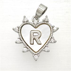 Copper Letter-R Heart Pendant Pave Zirconia Shell Platinum Plated, approx 21mm [FD26003]