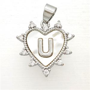 Copper Letter-U Heart Pendant Pave Zirconia Shell Platinum Plated, approx 21mm [FD26006]