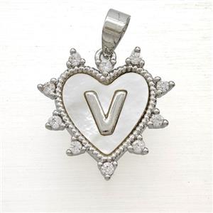 Copper Letter-V Heart Pendant Pave Zirconia Shell Platinum Plated, approx 21mm [FD26007]