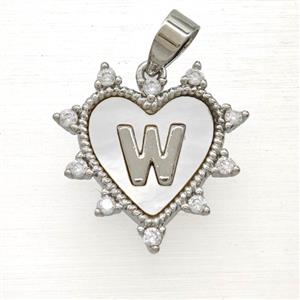 Copper Letter-W Heart Pendant Pave Zirconia Shell Platinum Plated, approx 21mm [FD26008]