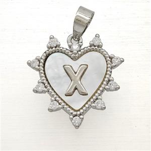 Copper Letter-X Heart Pendant Pave Zirconia Shell Platinum Plated, approx 21mm [FD26009]