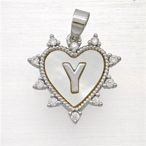 Copper Letter-Y Heart Pendant Pave Zirconia Shell Platinum Plated, approx 21mm [FD26010]