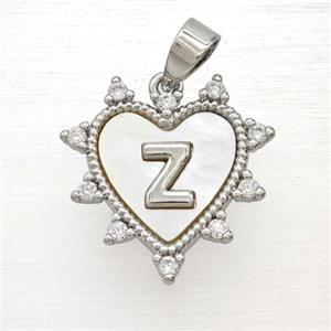 Copper Letter-Z Heart Pendant Pave Zirconia Shell Platinum Plated, approx 21mm [FD26011]