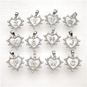Copper Alphabet Heart Pendant Pave Zirconia Shell Platinum Plated Mixed Letters, approx 21mm [FD26012]