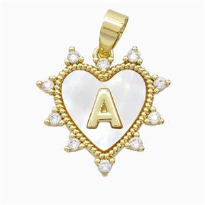 Copper Letter-A Heart Pendant Pave Zirconia Shell Gold Plated, approx 21mm [FD26013]