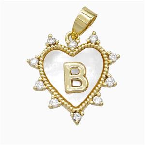 Copper Letter-B Heart Pendant Pave Zirconia Shell Gold Plated, approx 21mm [FD26014]