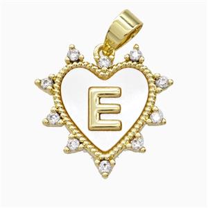 Copper Letter-E Heart Pendant Pave Zirconia Shell Gold Plated, approx 21mm [FD26017]
