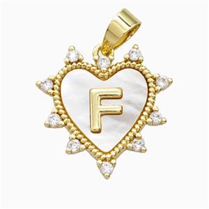 Copper Letter-F Heart Pendant Pave Zirconia Shell Gold Plated, approx 21mm [FD26018]