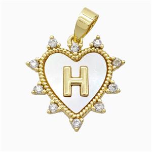 Copper Letter-H Heart Pendant Pave Zirconia Shell Gold Plated, approx 21mm [FD26020]