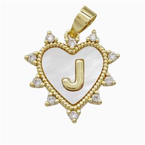 Copper Letter-J Heart Pendant Pave Zirconia Shell Gold Plated, approx 21mm [FD26022]