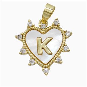 Copper Letter-K Heart Pendant Pave Zirconia Shell Gold Plated, approx 21mm [FD26023]