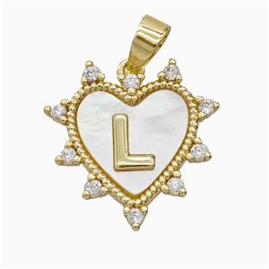 Copper Letter-L Heart Pendant Pave Zirconia Shell Gold Plated, approx 21mm [FD26024]