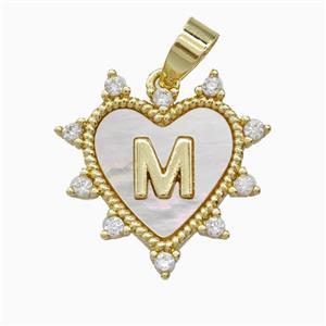 Copper Letter-M Heart Pendant Pave Zirconia Shell Gold Plated, approx 21mm [FD26025]