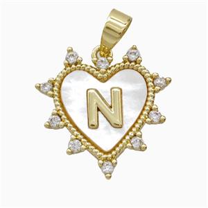 Copper Letter-N Heart Pendant Pave Zirconia Shell Gold Plated, approx 21mm [FD26026]