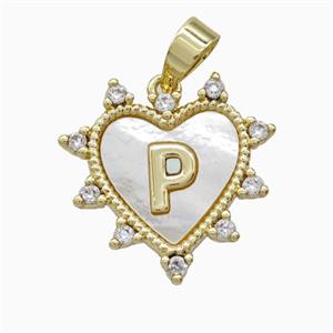 Copper Letter-P Heart Pendant Pave Zirconia Shell Gold Plated, approx 21mm [FD26028]