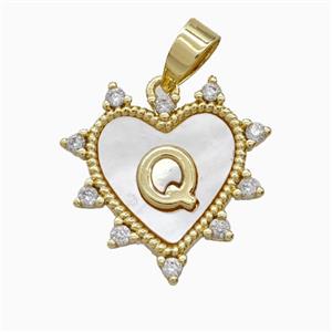 Copper Letter-Q Heart Pendant Pave Zirconia Shell Gold Plated, approx 21mm [FD26029]