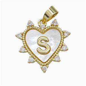 Copper Letter-S Heart Pendant Pave Zirconia Shell Gold Plated, approx 21mm [FD26031]