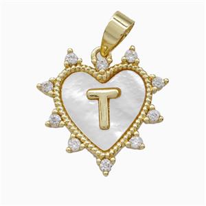 Copper Letter-T Heart Pendant Pave Zirconia Shell Gold Plated, approx 21mm [FD26032]