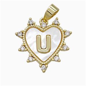 Copper Letter-U Heart Pendant Pave Zirconia Shell Gold Plated, approx 21mm [FD26033]