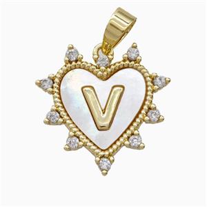 Copper Letter-V Heart Pendant Pave Zirconia Shell Gold Plated, approx 21mm [FD26034]