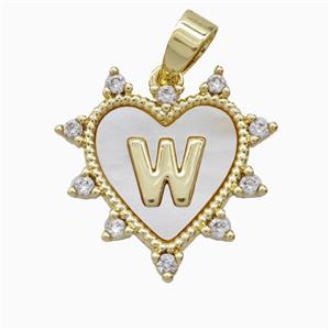 Copper Letter-W Heart Pendant Pave Zirconia Shell Gold Plated, approx 21mm [FD26035]