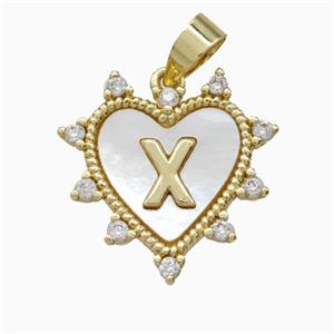 Copper Letter-X Heart Pendant Pave Zirconia Shell Gold Plated, approx 21mm [FD26036]