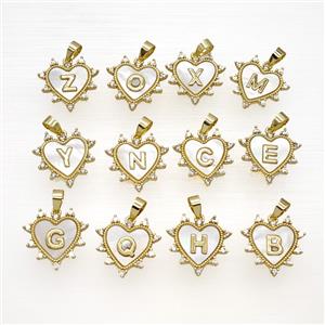 Copper Alphabet Heart Pendant Pave Zirconia Shell Gold Plated Mixed Letters, approx 21mm [FD26039]