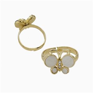 Copper Butterfly Ring Pave White Shell Adjustable Gold Plated, approx 13-16mm, 18mm dia [FD26090]