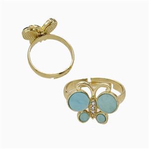 Copper Butterfly Ring Pave Teal Shell Adjustable Gold Plated, approx 13-16mm, 18mm dia [FD26092]