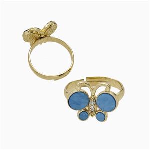 Copper Butterfly Ring Pave Blue Shell Adjustable Gold Plated, approx 13-16mm, 18mm dia [FD26093]