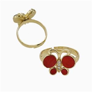 Copper Butterfly Ring Pave Red Shell Adjustable Gold Plated, approx 13-16mm, 18mm dia [FD26099]