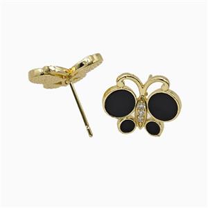 Copper Butterfly Stud Earrings Pave Black Shell Gold Plated, approx 13-16mm [FD26101]