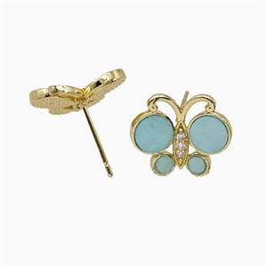 Copper Butterfly Stud Earrings Pave Teal Shell Gold Plated, approx 13-16mm [FD26102]