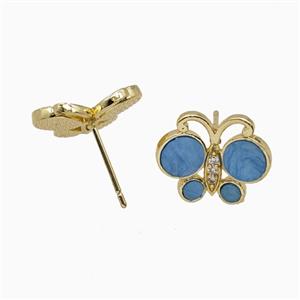 Copper Butterfly Stud Earrings Pave Blue Shell Gold Plated, approx 13-16mm [FD26103]