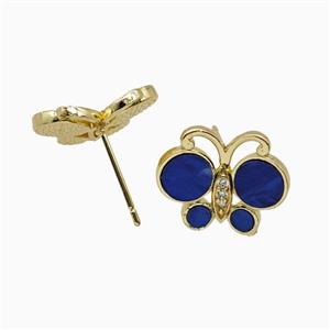 Copper Butterfly Stud Earrings Pave Royalblue Shell Gold Plated, approx 13-16mm [FD26104]