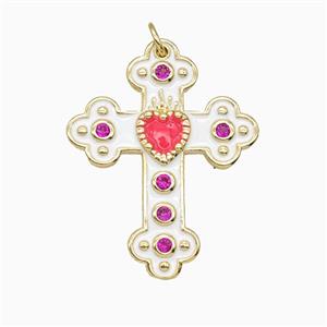 Copper Cross Pendant Pave Zirconia White Enamel Gold Plated, approx 25-32mm [FD26209]