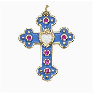 Copper Cross Pendant Pave Zirconia Blue Enamel Gold Plated, approx 25-32mm [FD26211]