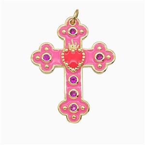 Copper Cross Pendant Pave Zirconia Pink Enamel Gold Plated, approx 25-32mm [FD26212]