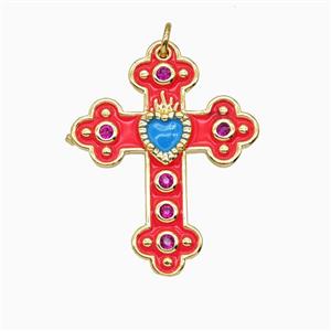 Copper Cross Pendant Pave Zirconia Red Enamel Gold Plated, approx 25-32mm [FD26213]